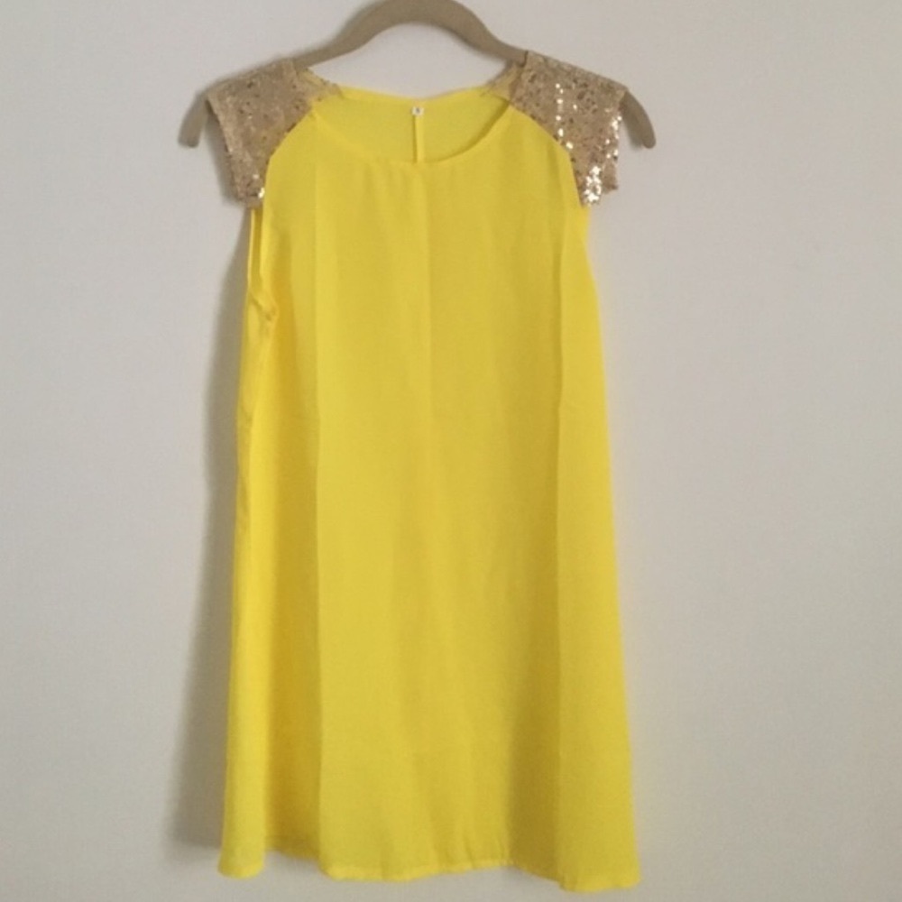 Yellow Chiffon Gold Sequin Cap sleeve top tunic mini Dress S